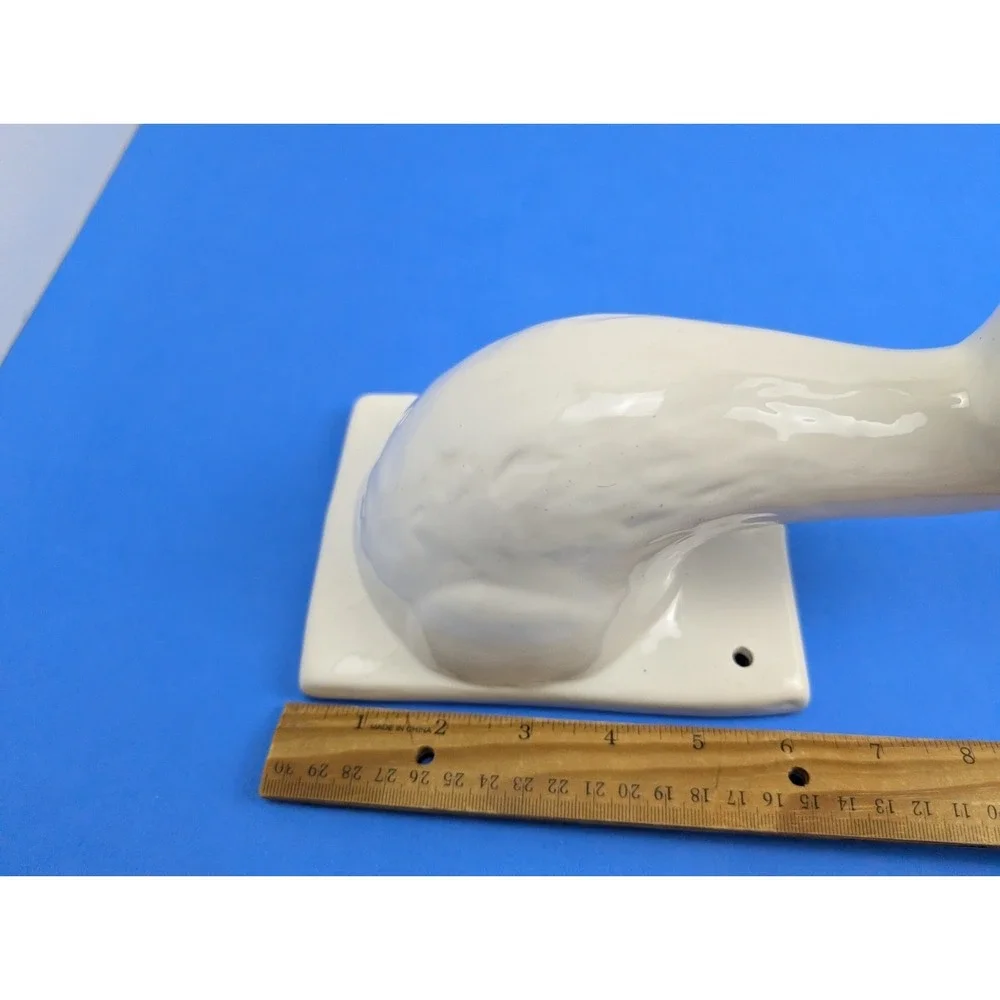 Vintage White Ceramic Glass Eye Duck Wall Mount Figure Apron Towel Holder Farm